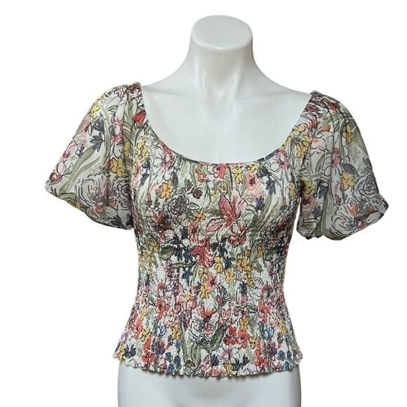 By Anthropologie Aurelia Floral Smocked Mesh Net Top Small Puff Sleeve - Picture 2 of 12